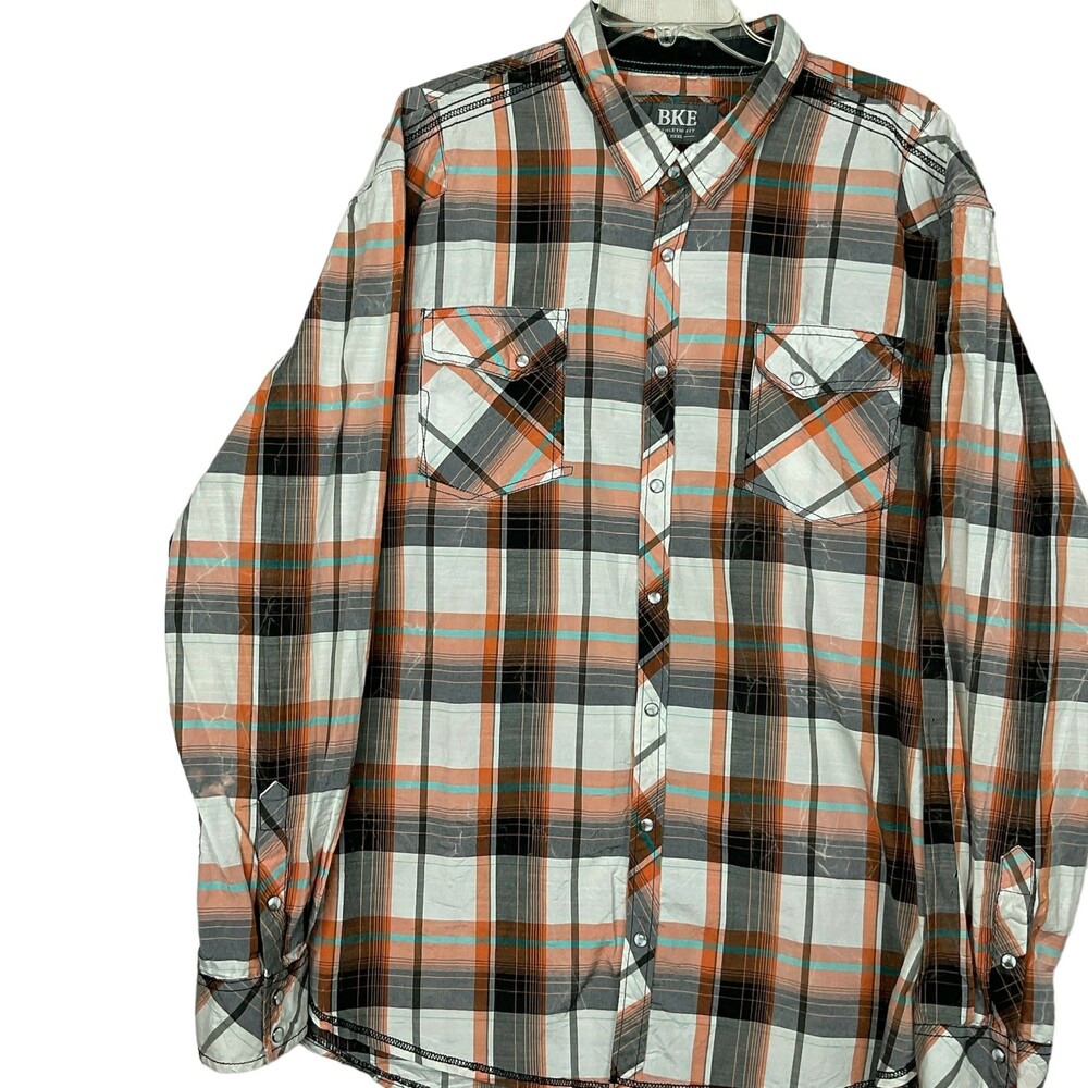 BKE Western Snap Button Shirt Mens XXXL Orange Cotton Polyester Plaid Cowboy